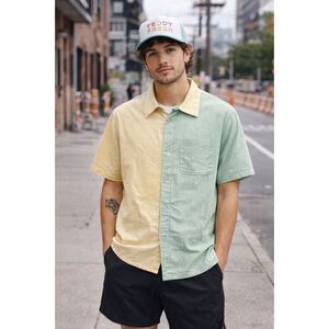 Teddy Fresh Green Yellow Stripe Button Up Shirt Sleeve Shirt    Mens Size Medium